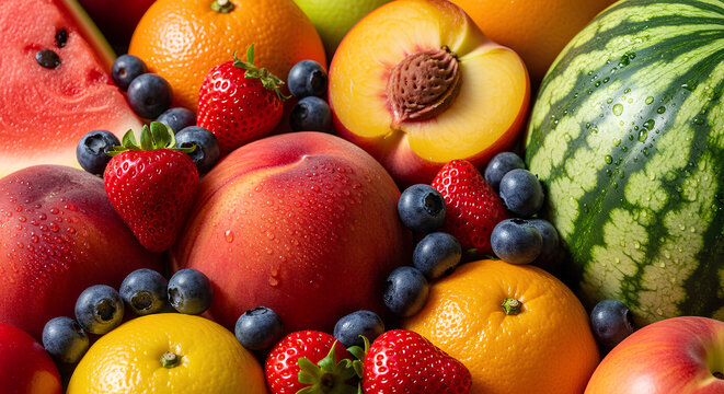 Fresh Assorted Fruits Including Watermelon Apples and Berries for Healthy Eating.