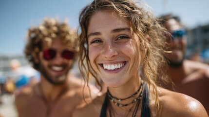 Fototapeta premium A vibrant young woman smiles radiantly at the beach, surrounded by friends, capturing the essence of joy, laughter, and carefree moments by the sea under sunny skies.