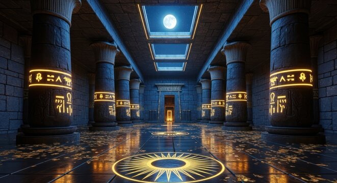 Mysterious ancient temple hall at night with glowing golden symbols, illuminated by moonlight through ornate skylights