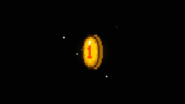 4K Spinning 8-Bit 1-Up Gold Coin with Magical Pixel Sparkles, 3D Retro Arcade Game Overlay