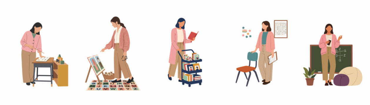 Flat vector illustrations set of a female teacher in various classroom scenarios, including teaching, reading, and organizing educational materials for young students.