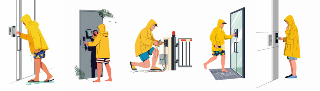 Set of illustrations showing a man in a yellow raincoat interacting with electronic access control systems, smart locks, and keypads on doors and barriers.