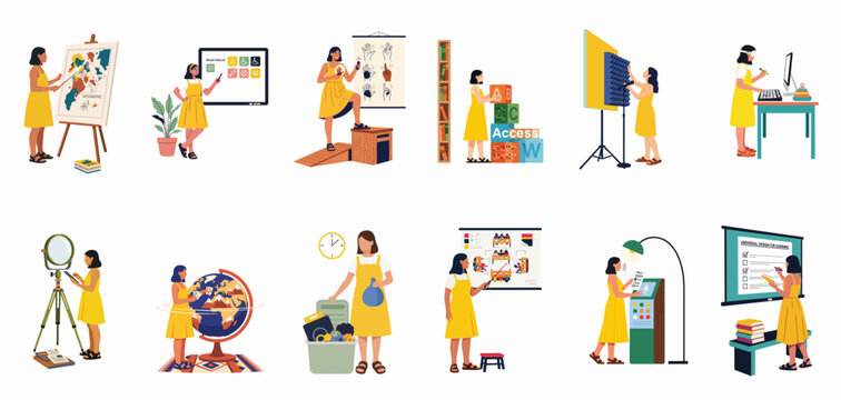Inclusive Education and Universal Design for Learning Illustrations Showing Diverse Accessible Teaching Methods and Tools for Students with Different Needs.