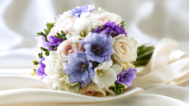 Bridal bouquet features roses and delicate flowers resting on white satin fabric in a well-lit studio setting, showcasing floral beauty and color contrast