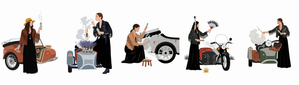 A collection of bohemian style women with motorcycles and sidecars performing spiritual rituals with smoke, herbs, and ritual objects.