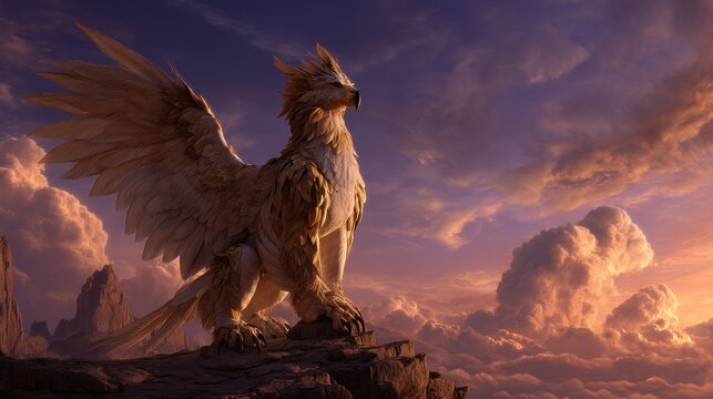 Majestic gryphon perched on cliff at sunset