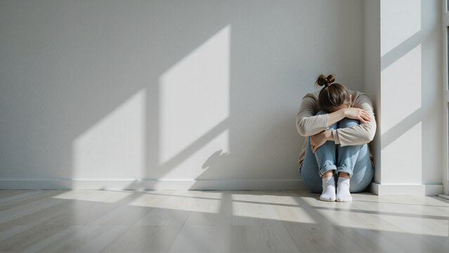 A lonely woman sits curled up on a wooden floor in the corner of a bright, minimalist white room with dramatic window shadows, evoking feelings of depression, anxiety, and isolation.