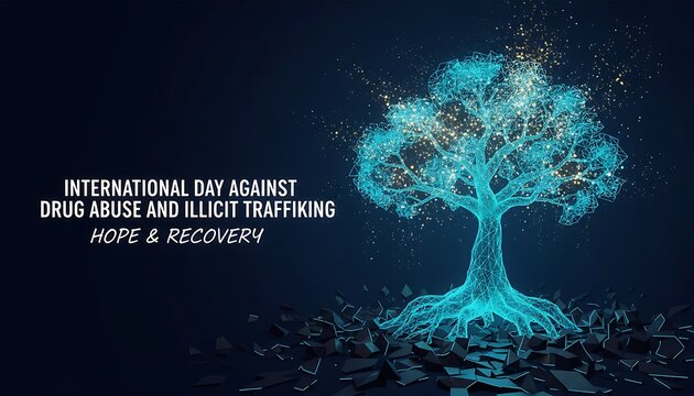 Digital glowing tree illustration representing life and healing on international day against drug abuse and illicit trafficking with. international day against drug abuse and illicit trafficking