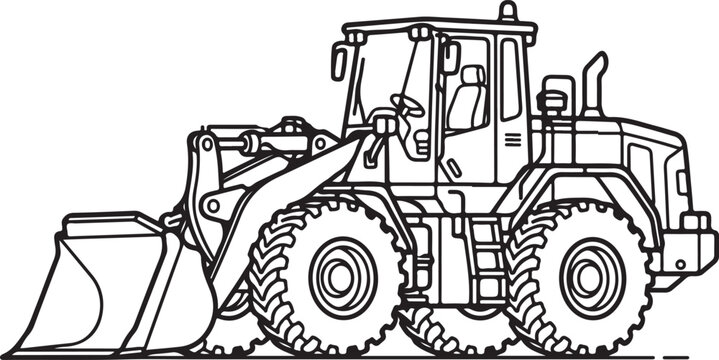 Heavy construction vehicle loader bulldozer line art. Wheel loader icon set. Industrial machinery vector illustration. Front end loader outline. Construction equipment coloring page elements. 