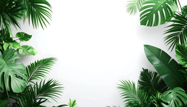 Tropical Jungle Leaves Border Frame on White Background.