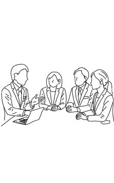 Corporate business team line art drawing having a discussion around a table with a laptop