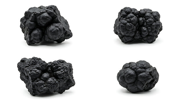 Isolated studio shot of raw hematite mineral samples, displaying unique botryoidal texture
