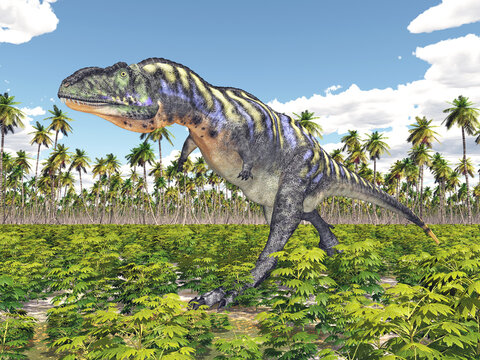 Dinosaurier Aucasaurus in einer Landschaft mit Palmen