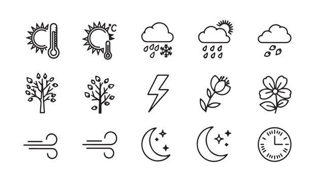Set of weather icons with sun thermometer clouds snow rain lightning tree flower and moon