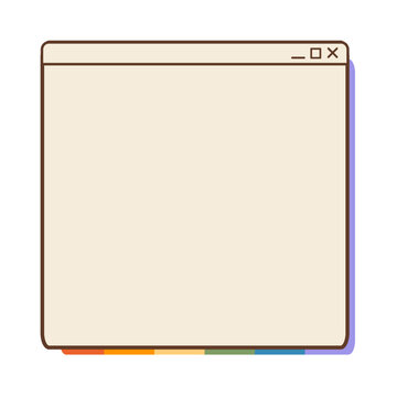 Retro Y2K computer window frame layout with blank copy space and rainbow color palette footer isolated on white. Nostalgic 90s operating system desktop screen element for LGBTQ pride month. Vector