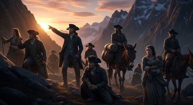 A group of colonial people in 18th century clothing standing on a rocky mountainous terrain at sunset