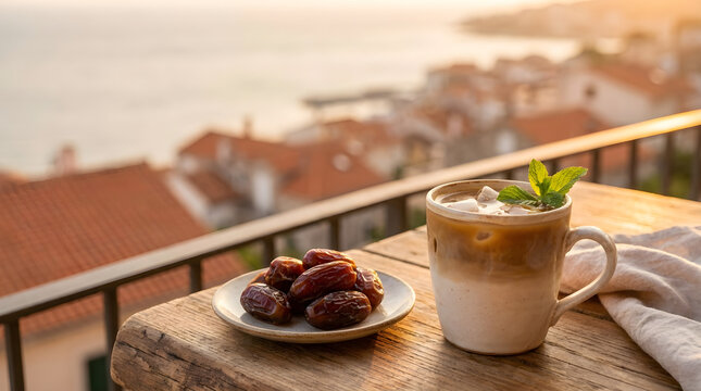 Iced coffee latte and dried dates on wooden balcony table at sunset