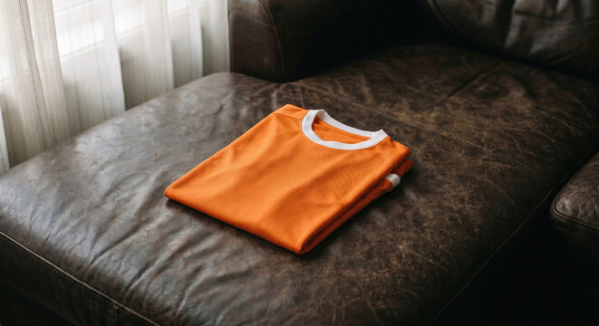 a neatly folded orange soccer jersey resting alone on a worn dark brown leather couch.