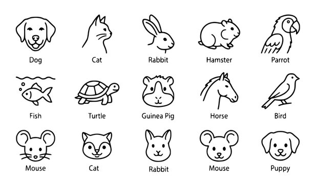 Cute Pet and Domestic Animal Head Icon Set. Vet Clinic, Pet Shop, and Wildlife Avatar Vector Line Icons with Text Labels