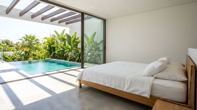 Minimalist bedroom interior with private tropical pool and open glass wall design