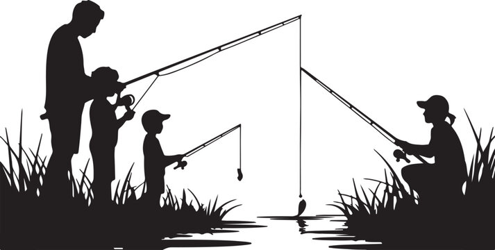 Silhouette of a family fishing together by the lake, father, mother, and two children enjoying outdoor activity, vector illustration