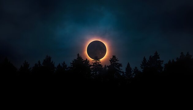 Dramatic total solar eclipse over dark forest, glowing ring of fire in night sky, celestial astronomical event above pine tree silhouettes