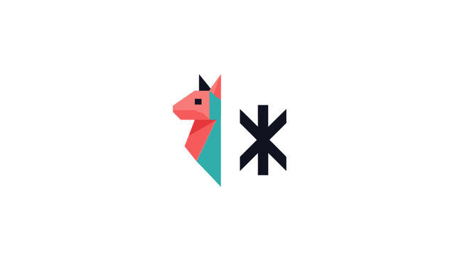 A minimalist geometric illustration of a stylized animal head and a star symbol