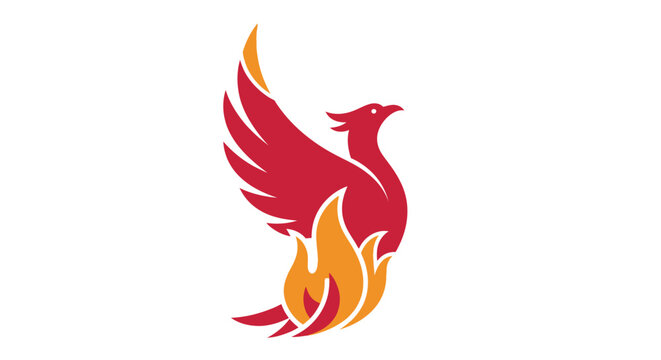 A stylized graphic illustration of a mythical bird rising from bright orange flames