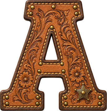 Western leather sheriff rustic alphabet ornate letter A with embossed floral tooling and metal rivet on transparency background