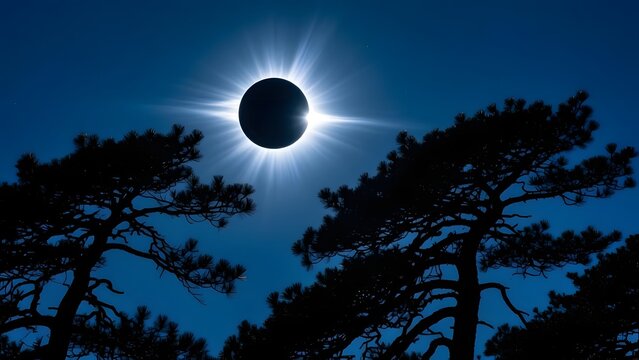 Total solar eclipse with diamond ring effect over forest, celestial event with sun corona and moon silhouette, dark pine tree silhouettes against night sky