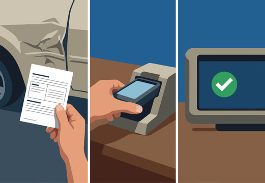 A graphic illustration depicts a fleet accident report card being processed via a telematics system. Hands interact with a device, confirming data. Clean, modern design.