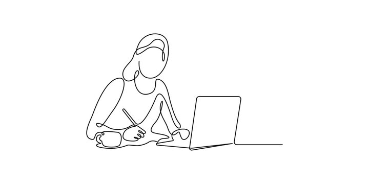 Female student studying with computer and taking notes continuous one line drawing vector illustration