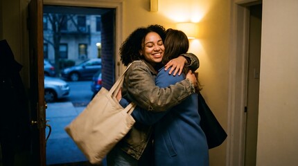 Fototapeta premium Two women embrace warmly in a doorway with a tote bag over one shoulder