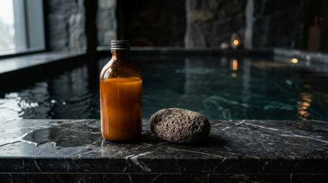 An amber bottle sits on a marble ledge beside a dark pool and a rock.