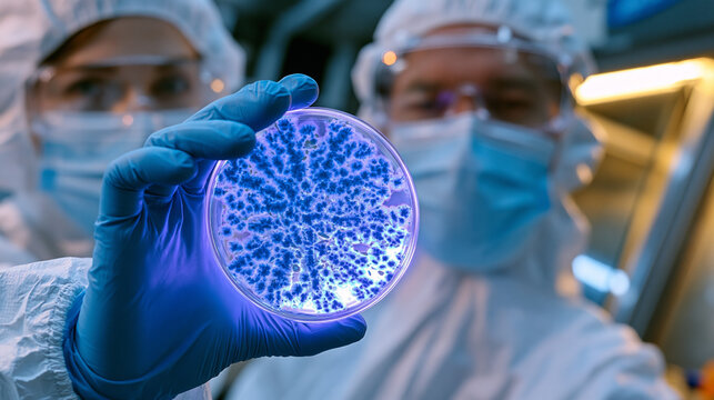 Microbiologist in full protective gear holding a petri dish containing antibiotic-resistant colony cultures up to ultraviolet light, biosafety cabinet visible behind, alarming resistance pattern doc