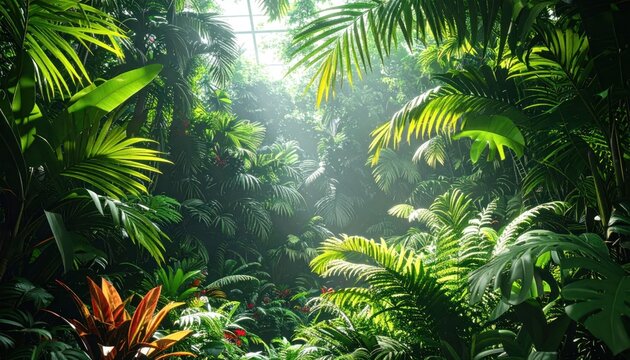 Lush Tropical Greenhouse Filled with Vibrant Greenery and Sunlight.