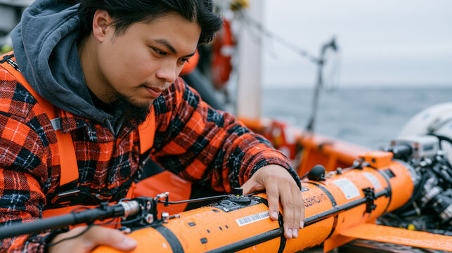 Oceanographer deploying autonomous underwater glider from research vessel deck during overcast conditions, dissolved oxygen sensor payload visible on hull, deep ocean deoxygenation monitoring missio