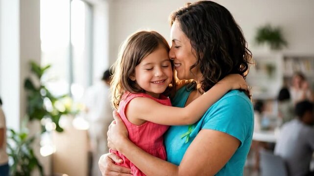 Woman hugging smiling young girl in modern office. Mother and daughter showing affection and protection. Green ribbon symbol for international missing children day awareness