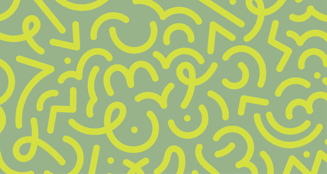 Doodle style pattern with geometric lines, abstract seamless background design, endless repeating texture with curved playful shapes and modern decorative elements for textile, fabric and wrapping fla
