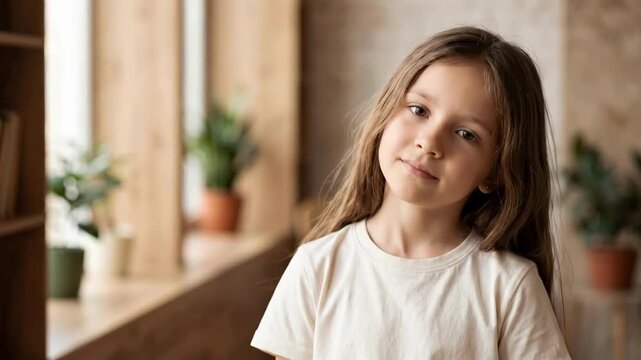 Young girl with serious expression standing in cozy room with bookshelves and plants. Awareness for international day of missing