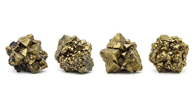 Lustrous golden pyrite mineral samples, raw crystalline formations, isolated