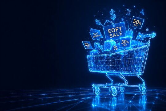 Abstract shopping cart filled with glowing discount tags and neon gift boxes end of the year sales offer eofy business offer, shopping, discount. end of the year sales offer eofy business offer
