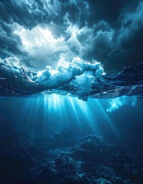 A dramatic view of light breaking through stormy ocean waves.