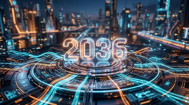 Year 2036 glowing neon text in futuristic smart city background