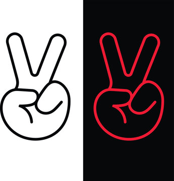 Victory hand sign in black and red outline on split background