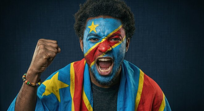 Passionate Democratic Republic of Congo football fan with face paint cheering loudly and raising fist. Excited soccer supporter draped in national flag celebrating during the 2026 World Cup match