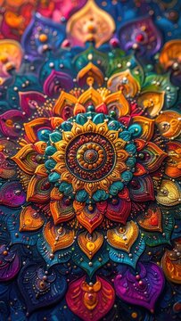 A vibrant and intricate mandala with a kaleidoscopic display of colors and patterns.