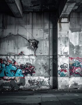 Urban decay featuring graffiti on a concrete wall under an overpass.