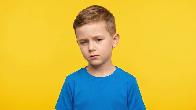 Boy with worried expression standing against yellow background. Symbol of lost child in awareness campaign. International missing children day concept for child safety and protection initiatives