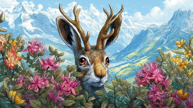 Jackalope in Mountain Wildflower Meadow